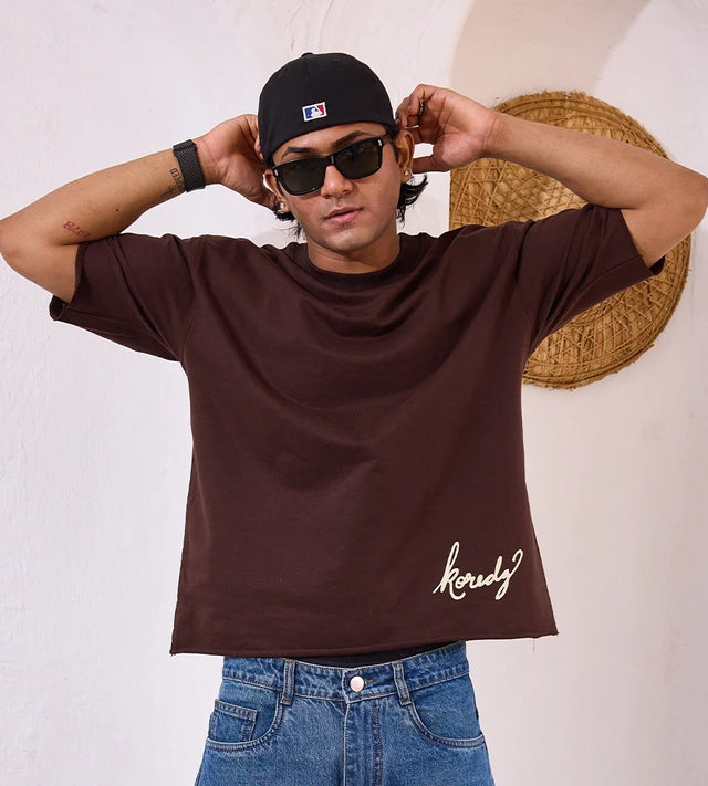 KOREDG BASIC T-SHIRT - BROWN ( RAW HEM )