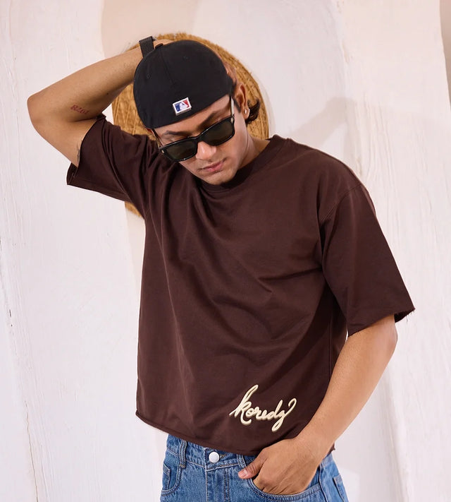 KOREDG BASIC T-SHIRT - BROWN ( RAW HEM )