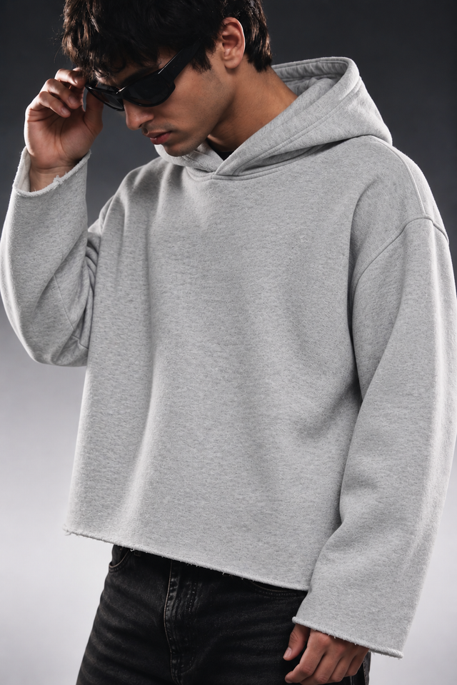 HEATHER GREY CROPPED ESSENTIAL HOODIE