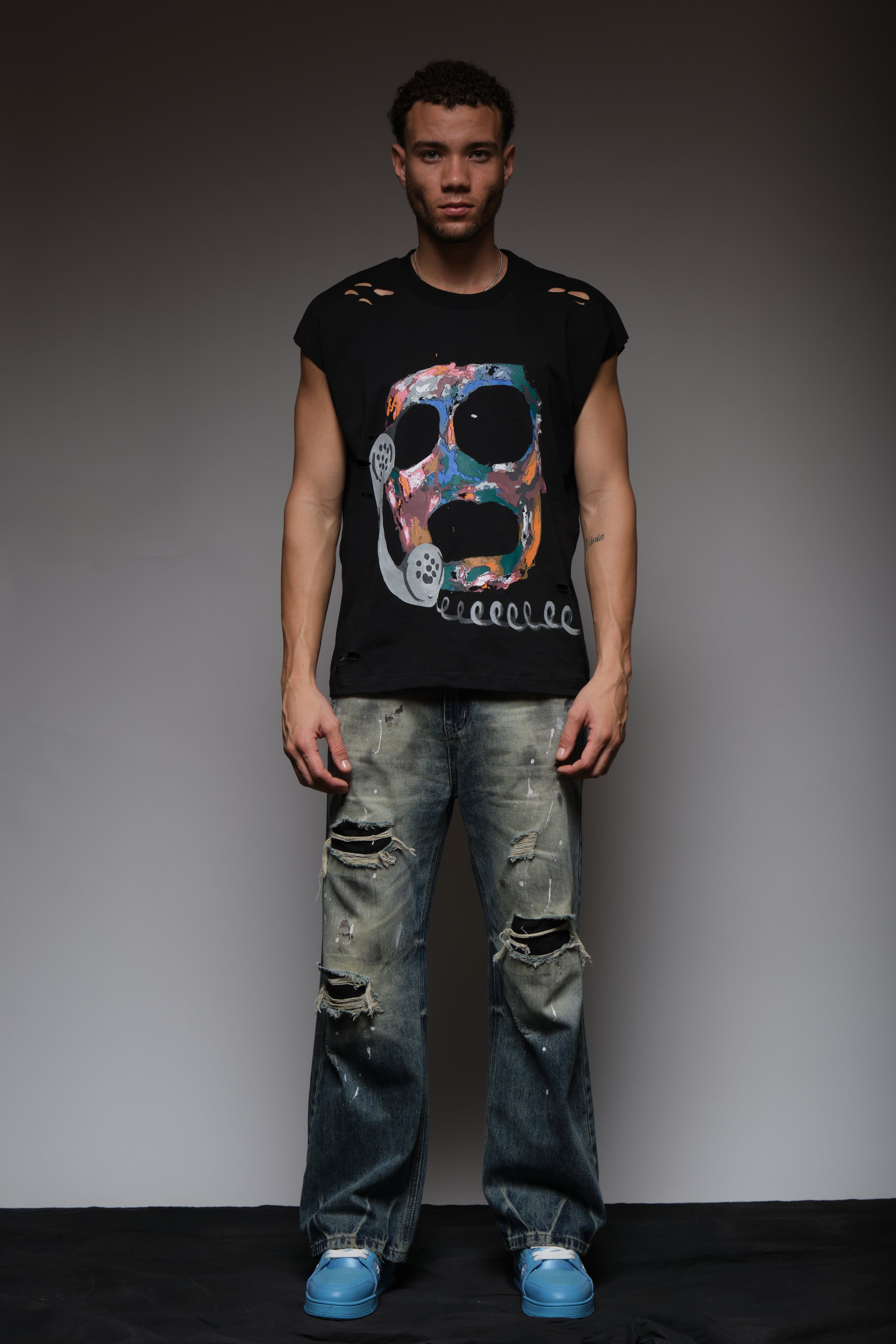 CALL YOUR DEALER DISTRESSED SLEEVELESS T BLACK, DYSTOPIA