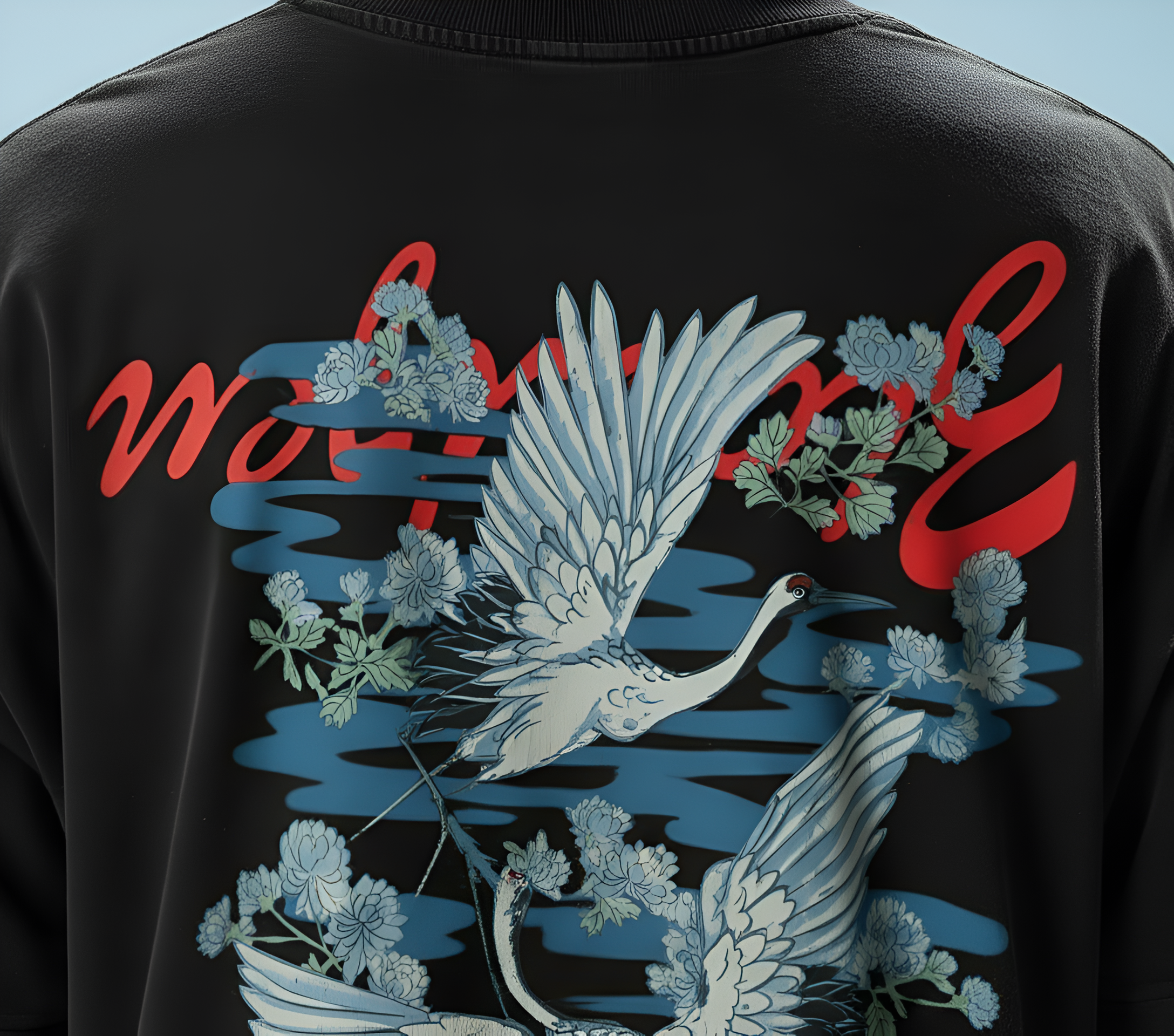 Black sweatshirt with crane design and red text on a blue background