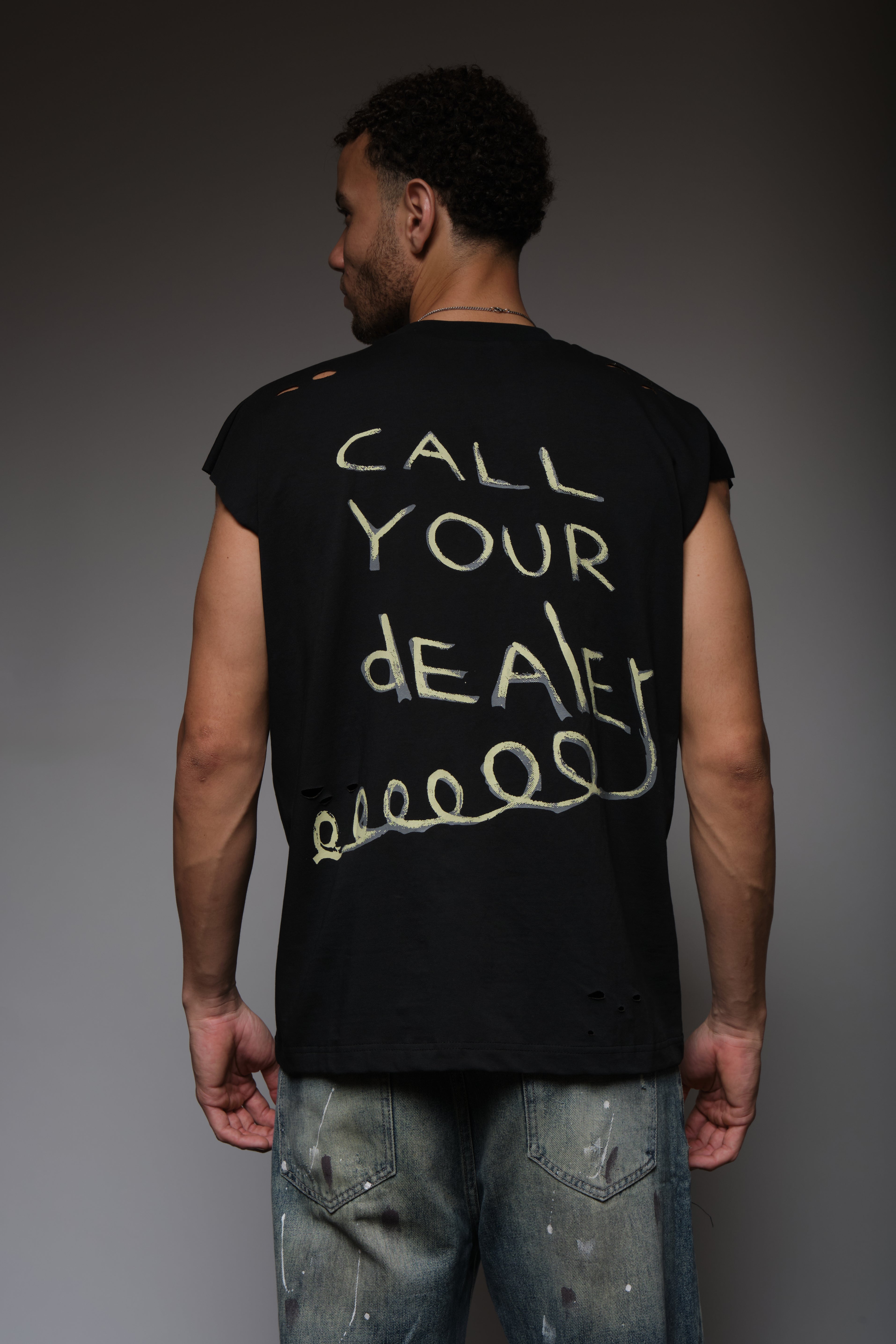 CALL YOUR DEALER DISTRESSED SLEEVELESS T BLACK, DYSTOPIA