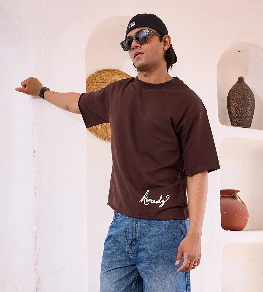KOREDG BASIC T-SHIRT - BROWN ( RAW HEM )