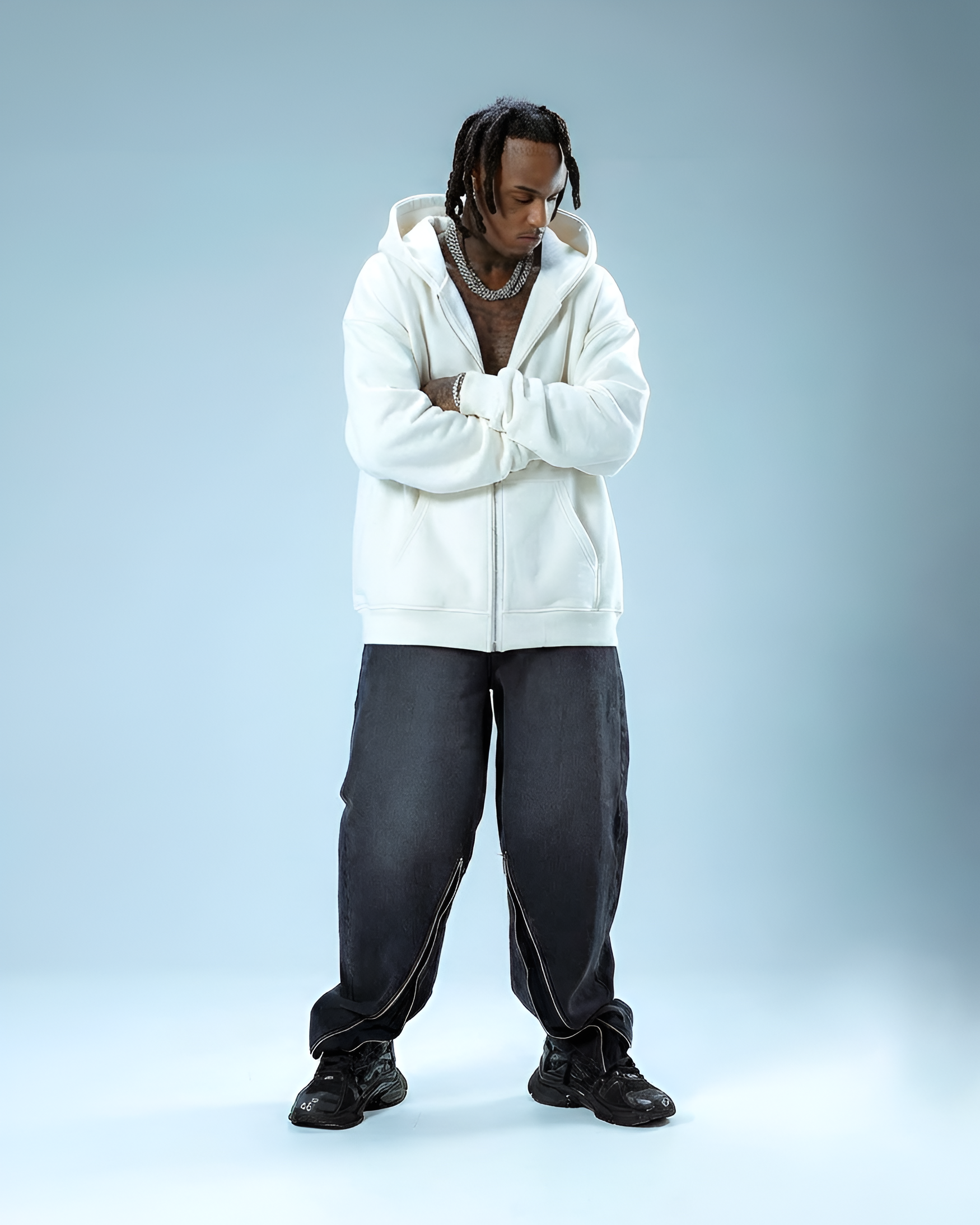 WHITE ZIPPER OVERSIZED HOODIE