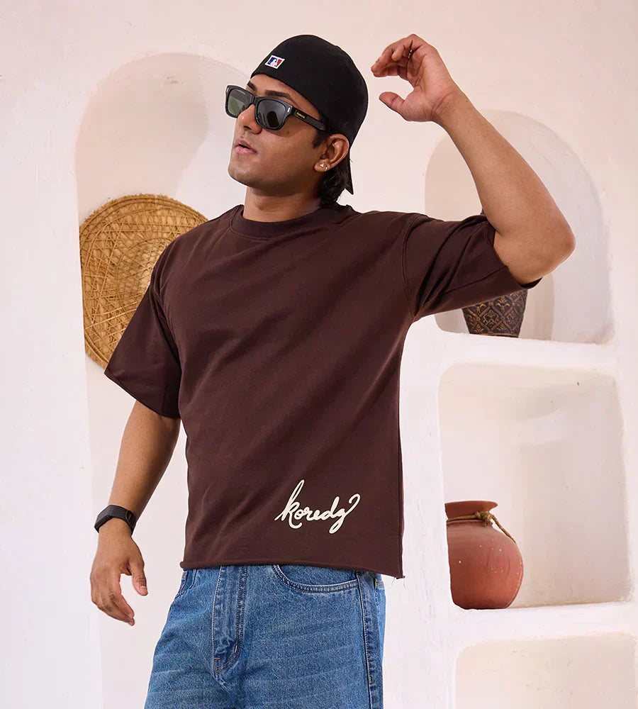 KOREDG BASIC T-SHIRT - BROWN ( RAW HEM )