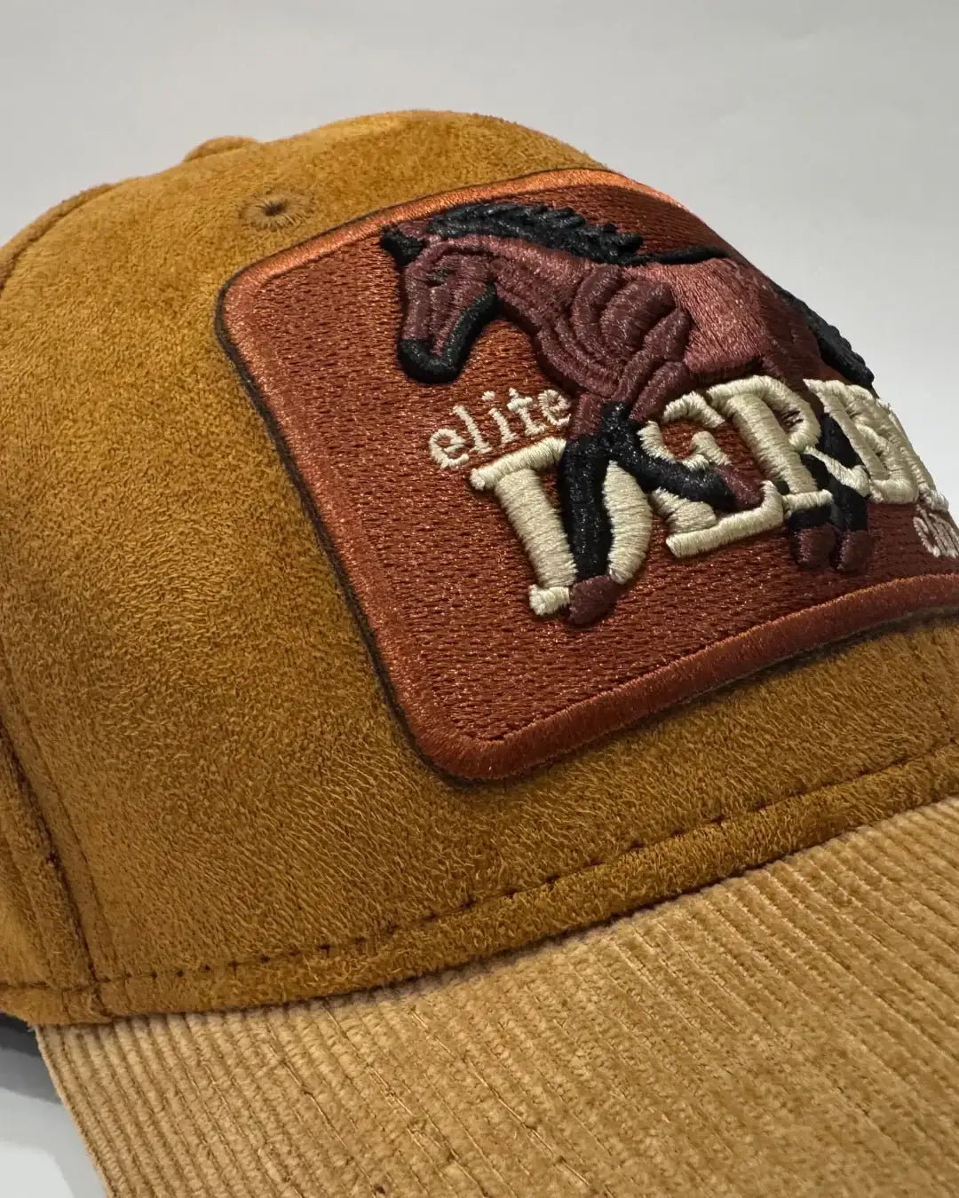 teeside brown corduroy cap with embroidered horse patch on front