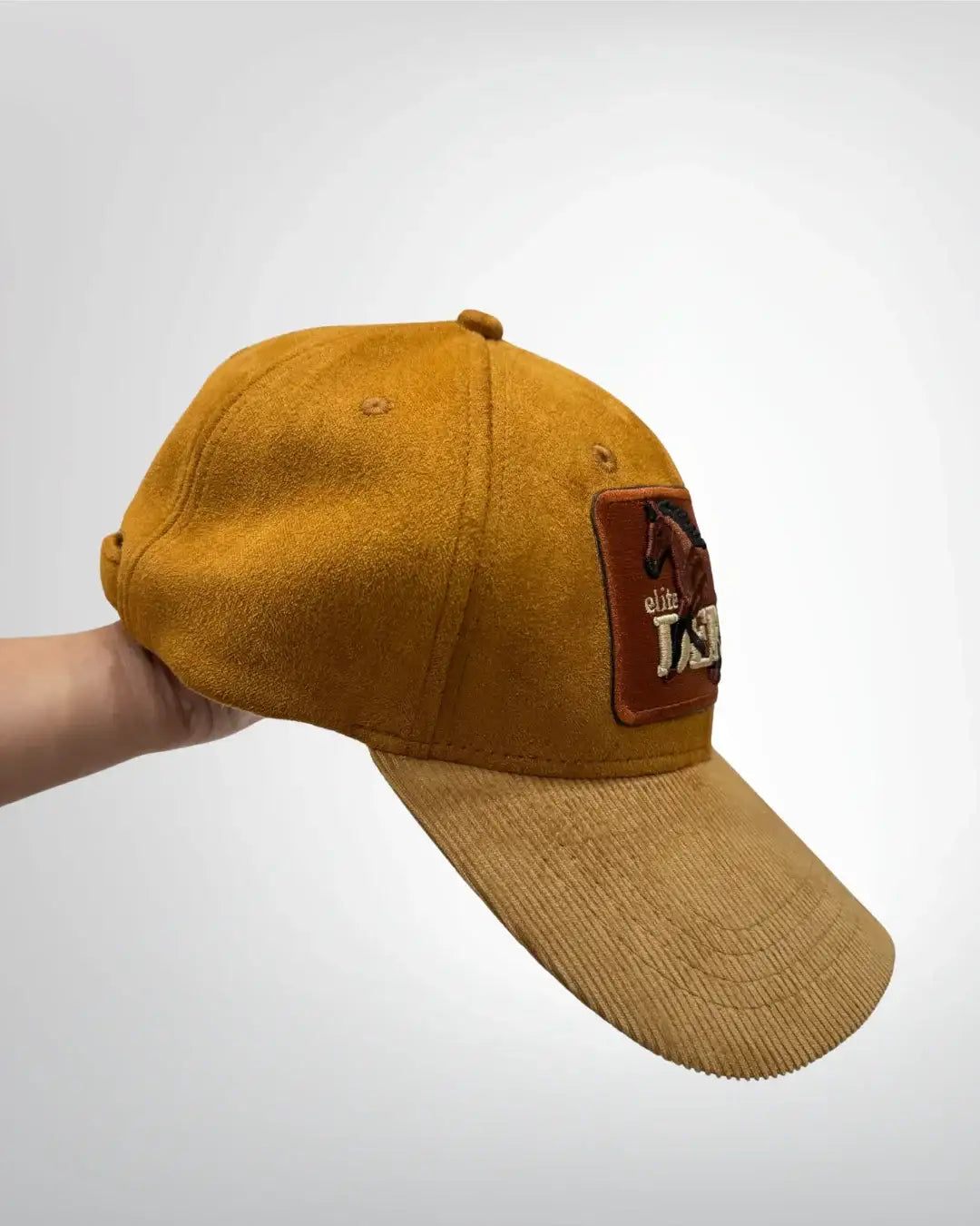 teeside tan suede baseball cap with brown corduroy brim and embroidered patch