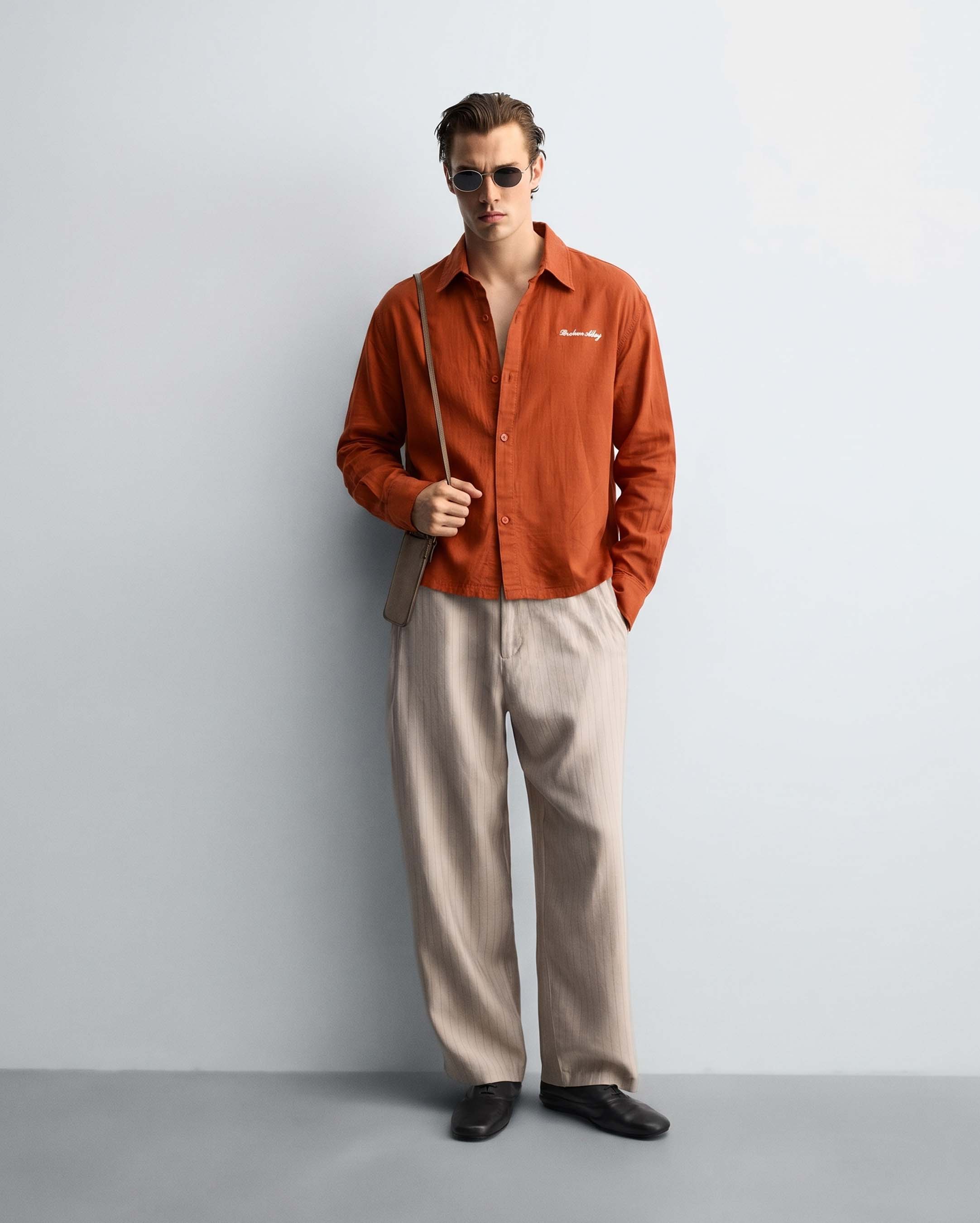 RUST ORANGE CROP FIT LINEN/COTTON SHIRT