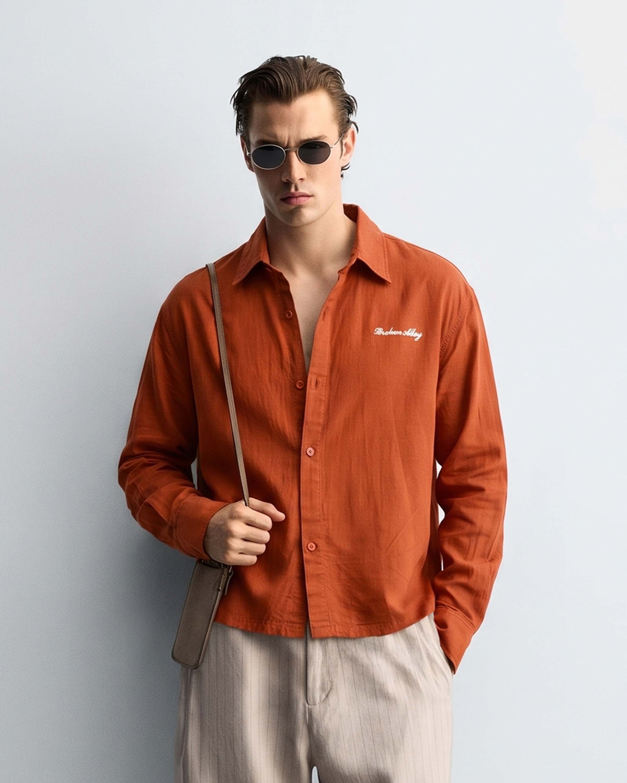 RUST ORANGE CROP FIT LINEN/COTTON SHIRT