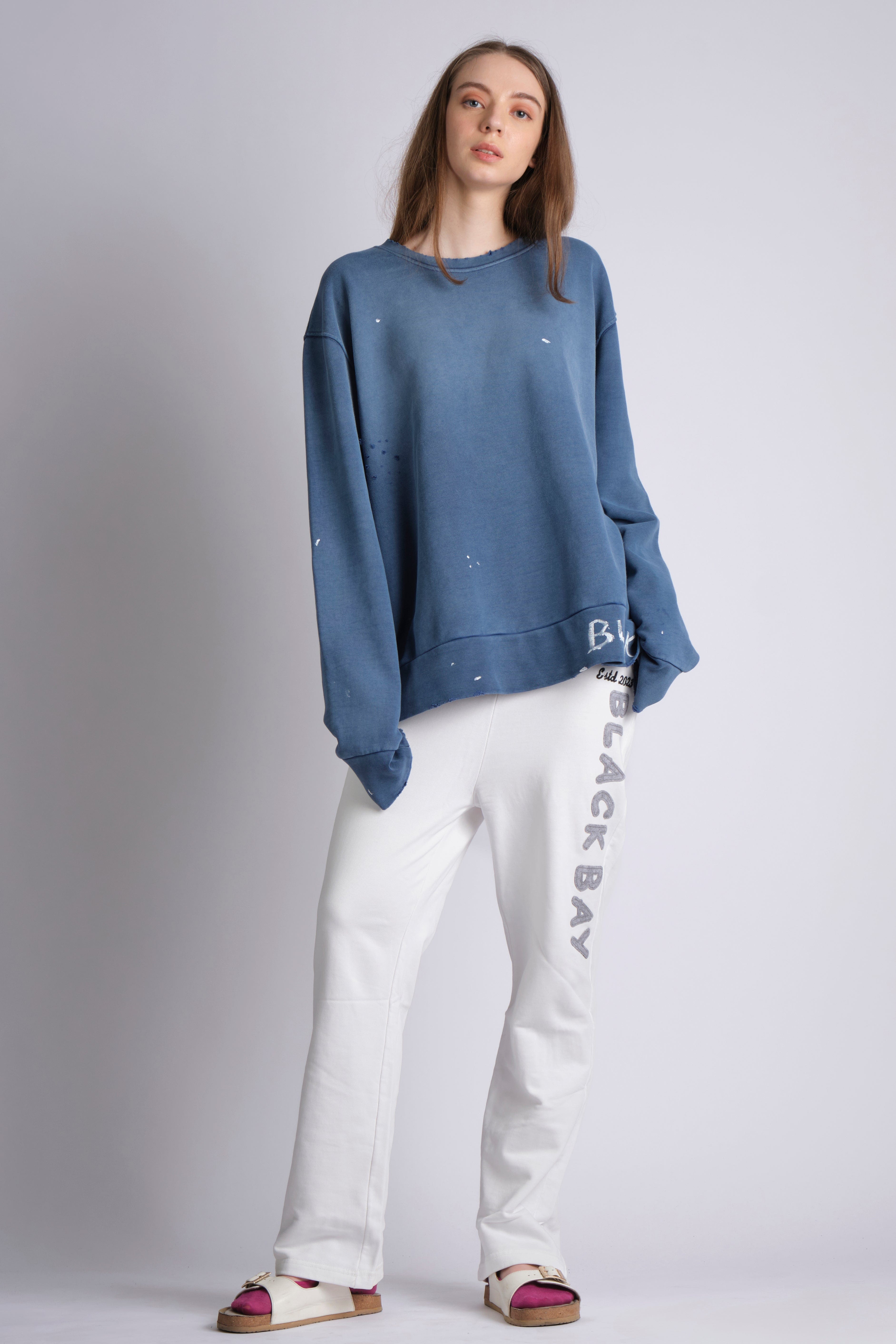 BLU RAW HANDWRITTEN DISTRESSED SWEATSHIRT