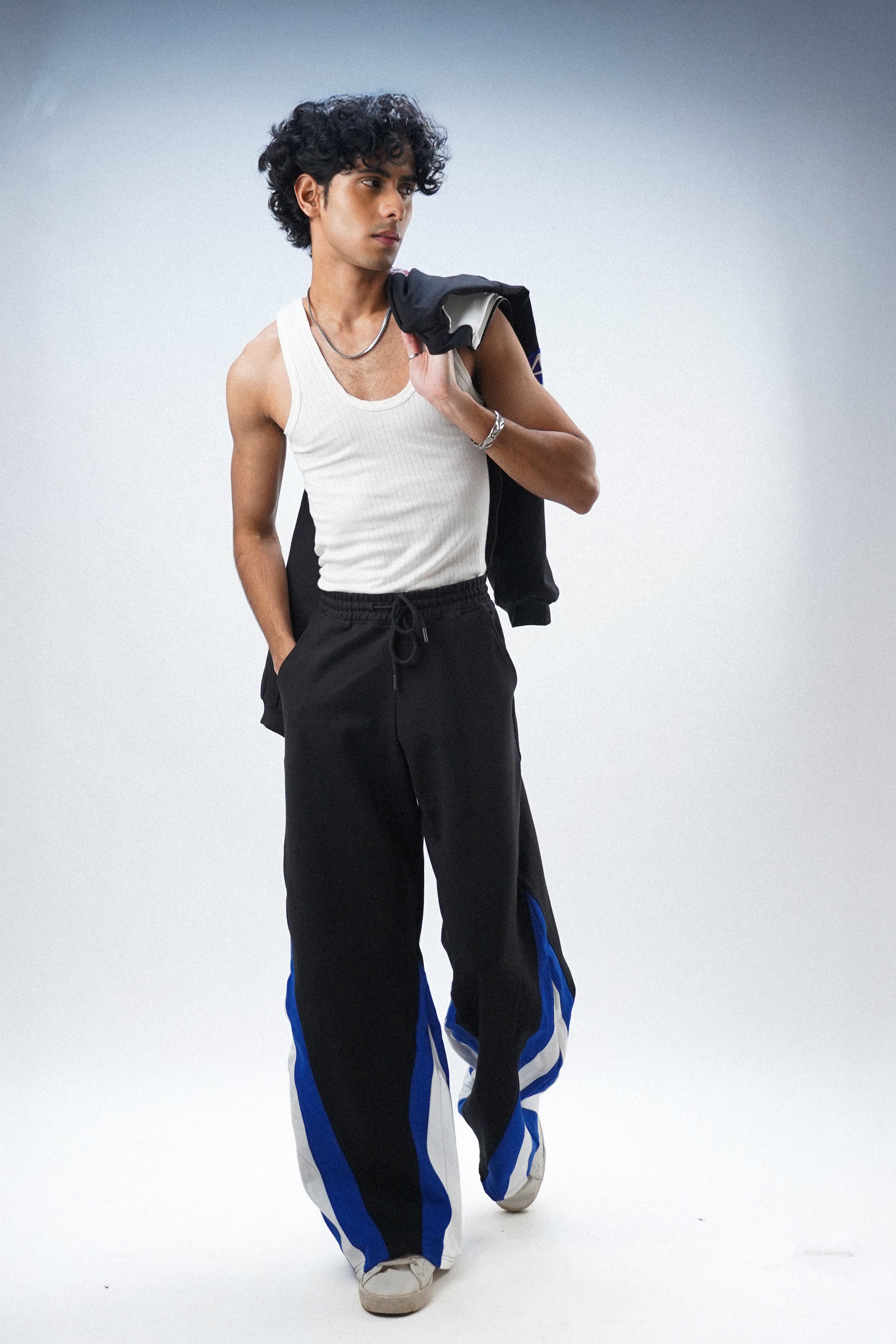 Blue Black white patchwork joggers