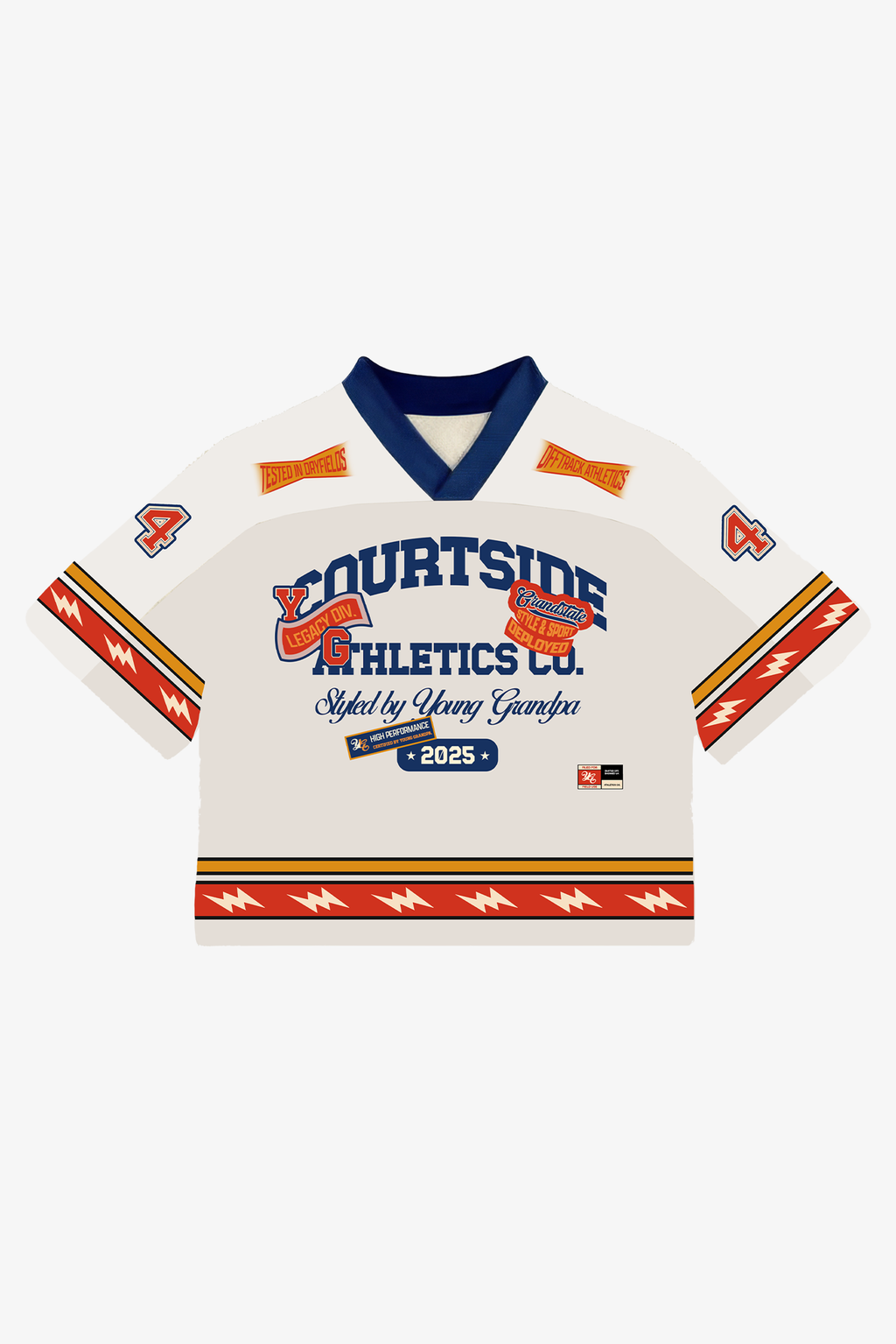 White sports jersey with red and blue accents on a white background