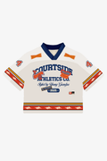 White sports jersey with red and blue accents on a white background