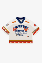 White sports jersey with red and blue accents on a white background