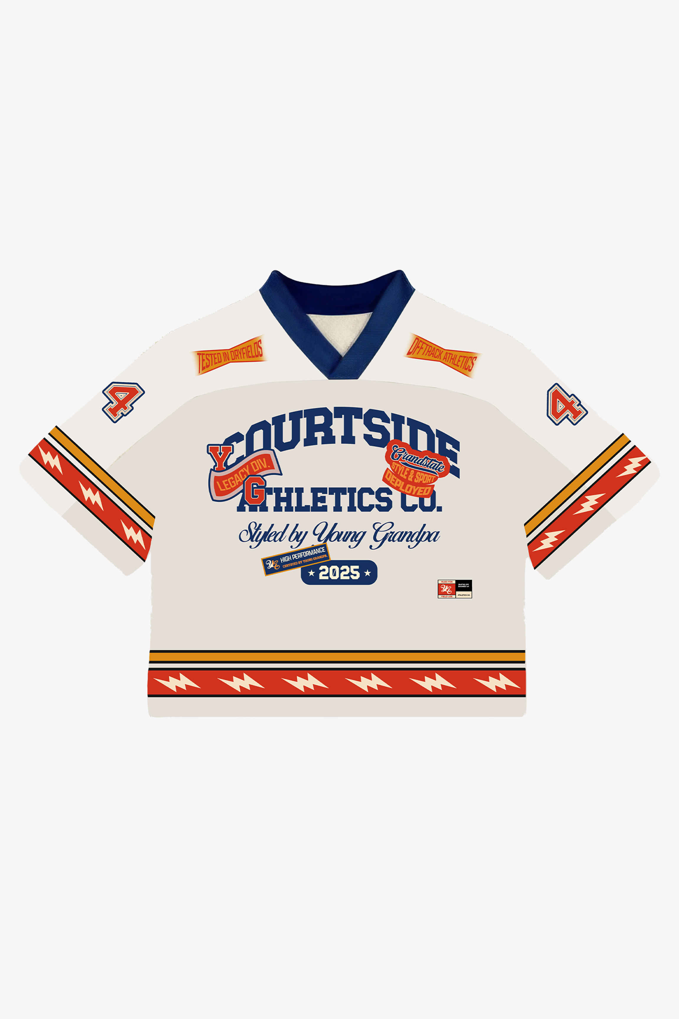 White sports jersey with red and blue accents on a white background