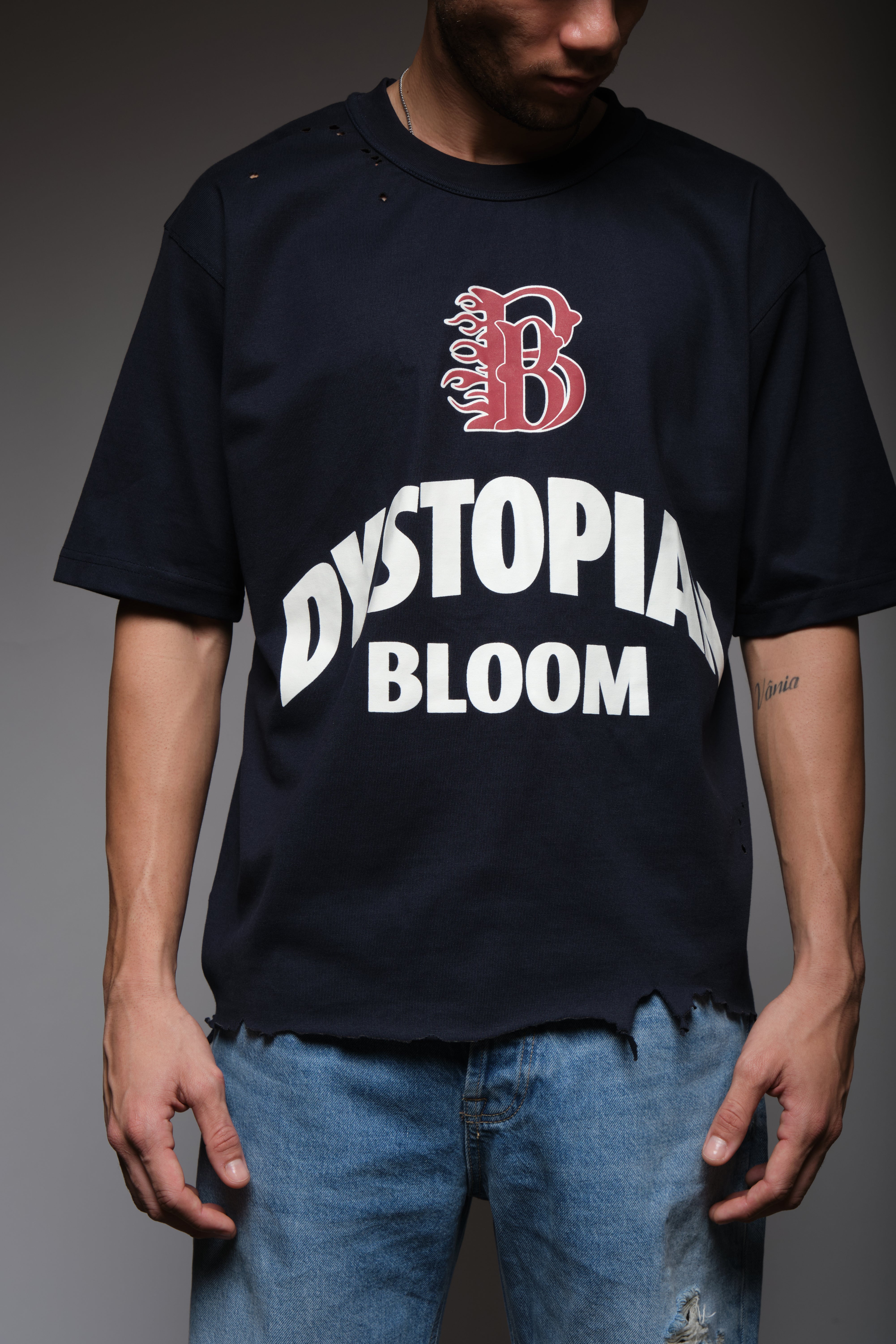 DYSTOPIAN BLOOM DISTRESSED TEE BLUE, DYSTOPIA
