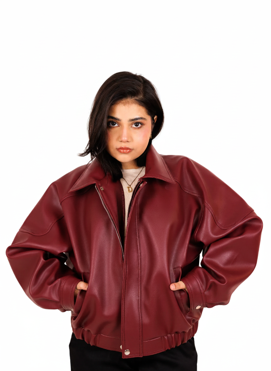 LON LEATHER JACKET - CHERRY RED [UNISEX BOMBER]