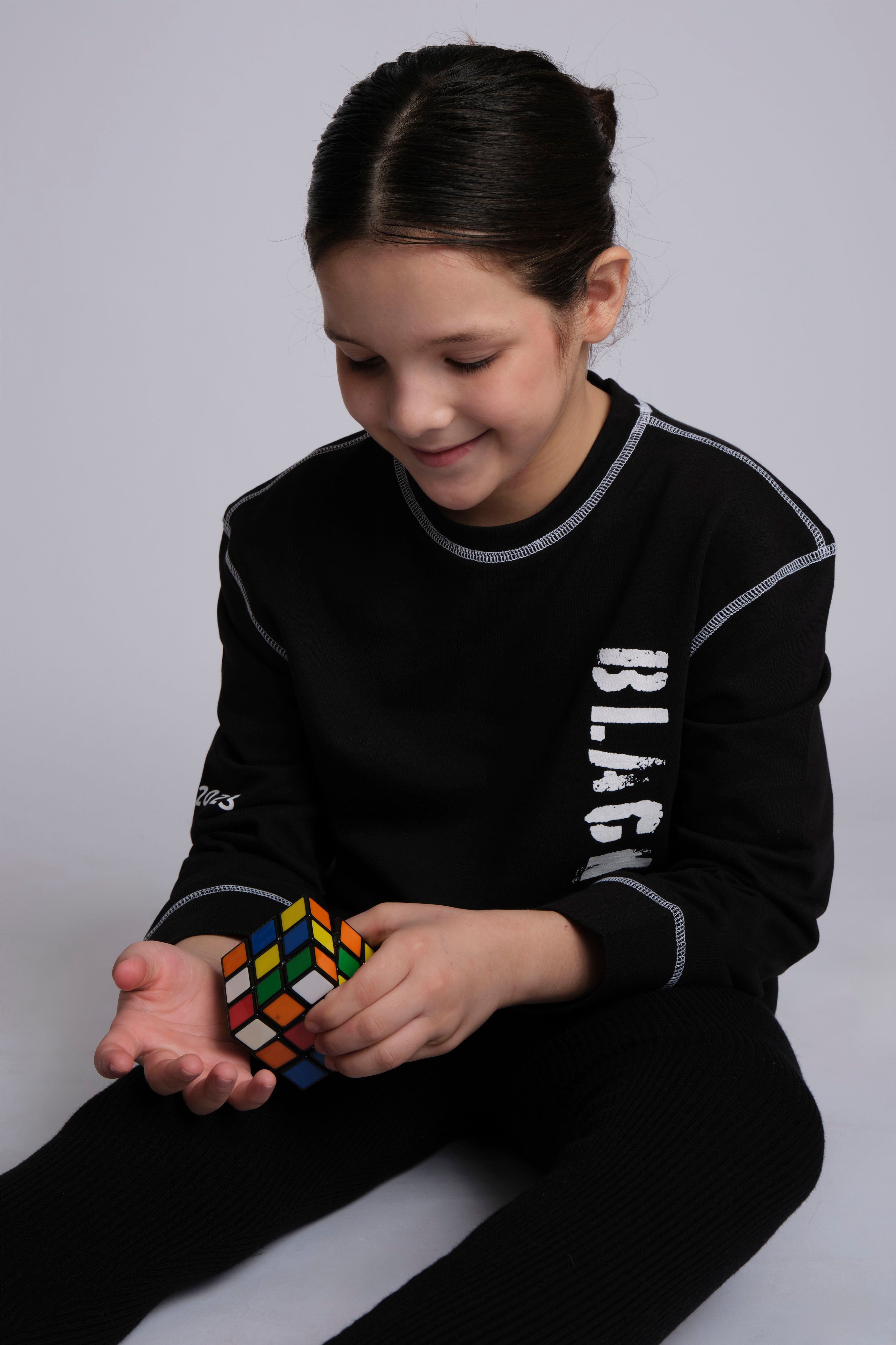 CONTRAST FLATLOCK SWEATSHIRT BLACK, KIDS