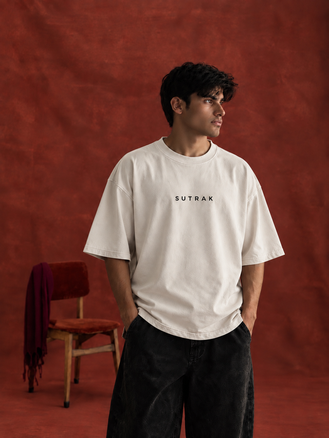SUTRAK Eternal Tee white oversized graphic T-shirt, front view