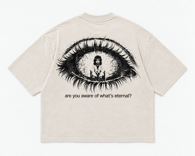 SUTRAK Eternal Tee white oversized graphic T-shirt flat lay product view