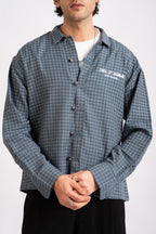 Slate Check Cropped Mandarin Boxy Fit Shirt- Navy Blue