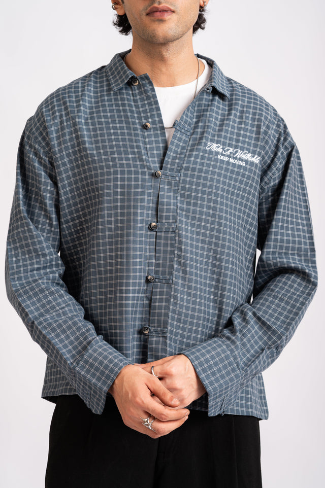 Slate Check Cropped Mandarin Boxy Fit Shirt- Navy Blue