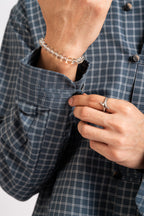Slate Check Cropped Mandarin Boxy Fit Shirt- Navy Blue