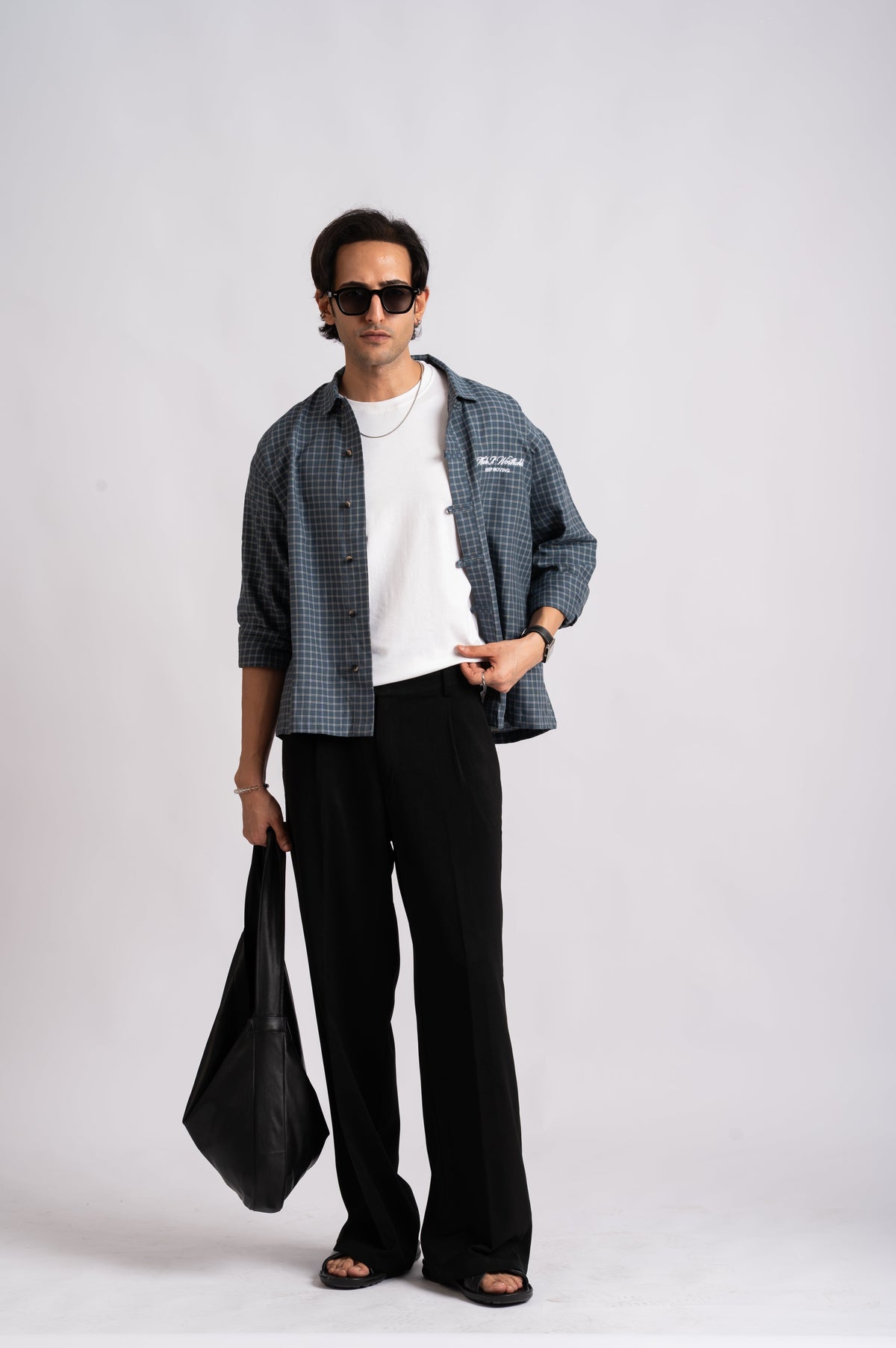 Slate Check Cropped Mandarin Boxy Fit Shirt- Navy Blue