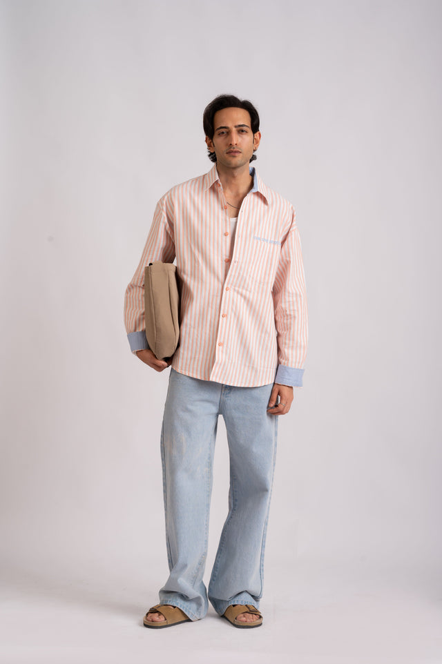 Seasalt- Ivory, Peach & Powder Blue Stripe Cotton Shirt- Relaxed Fit