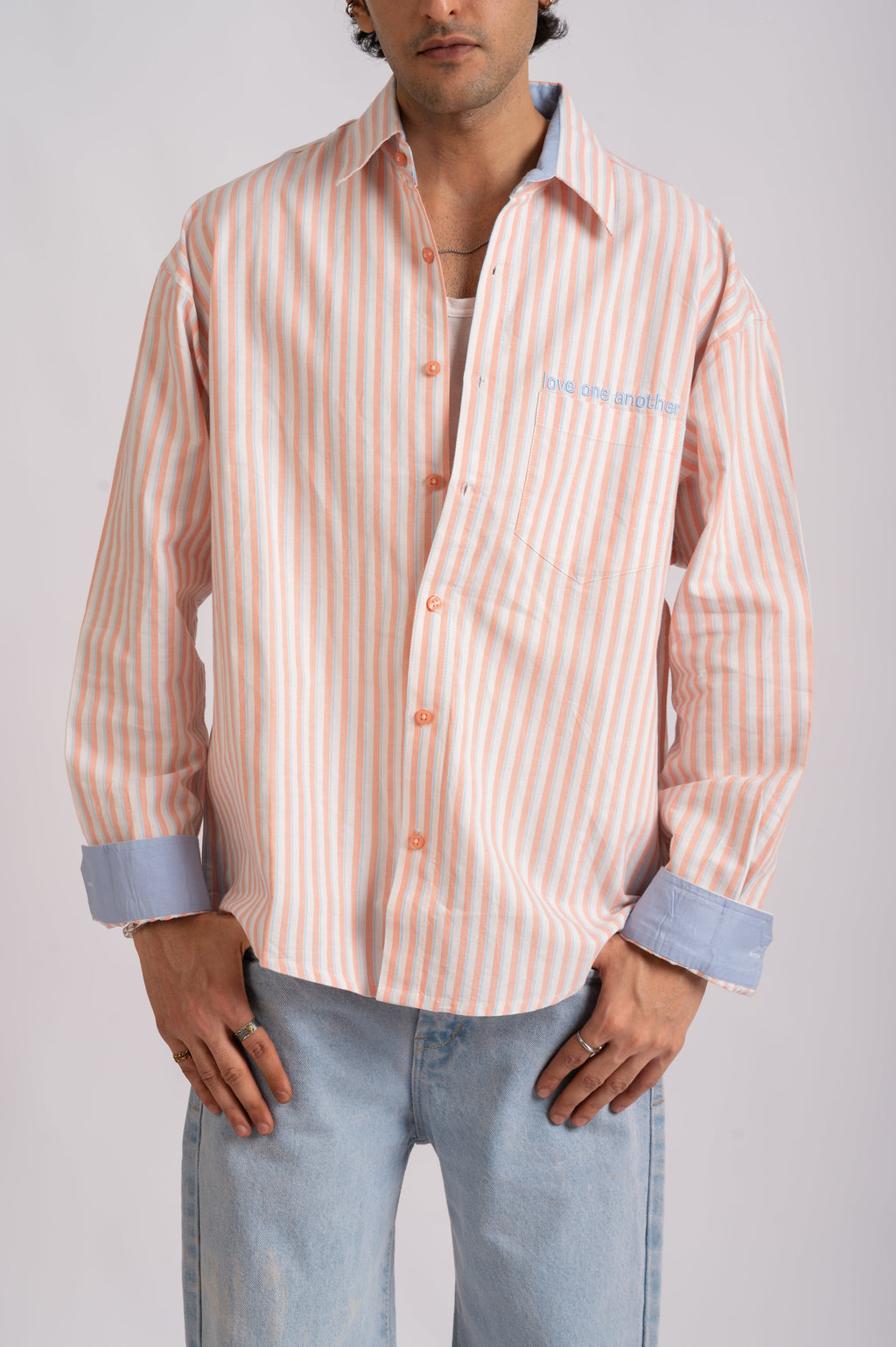 Seasalt- Ivory, Peach & Powder Blue Stripe Cotton Shirt- Relaxed Fit