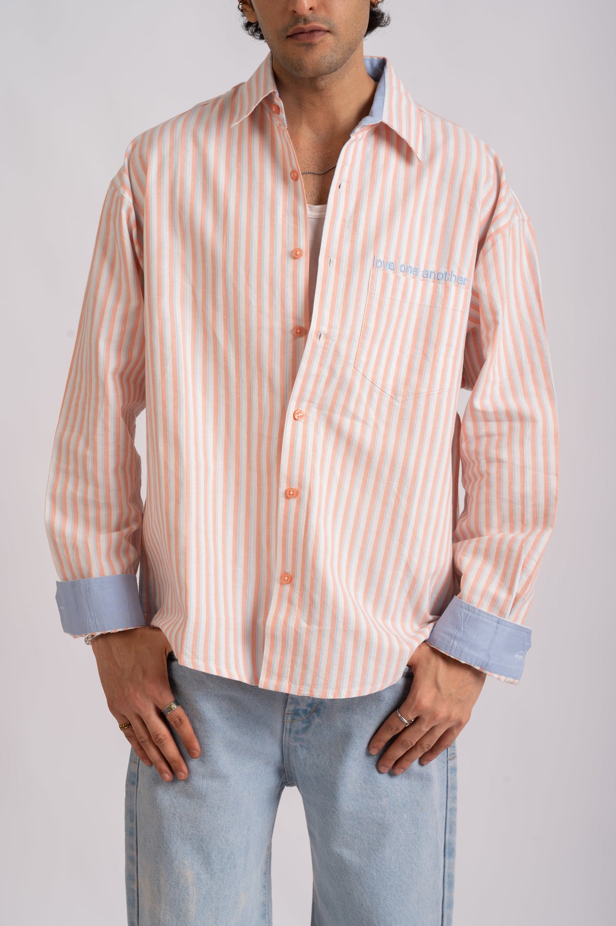 Seasalt- Ivory, Peach & Powder Blue Stripe Cotton Shirt- Relaxed Fit