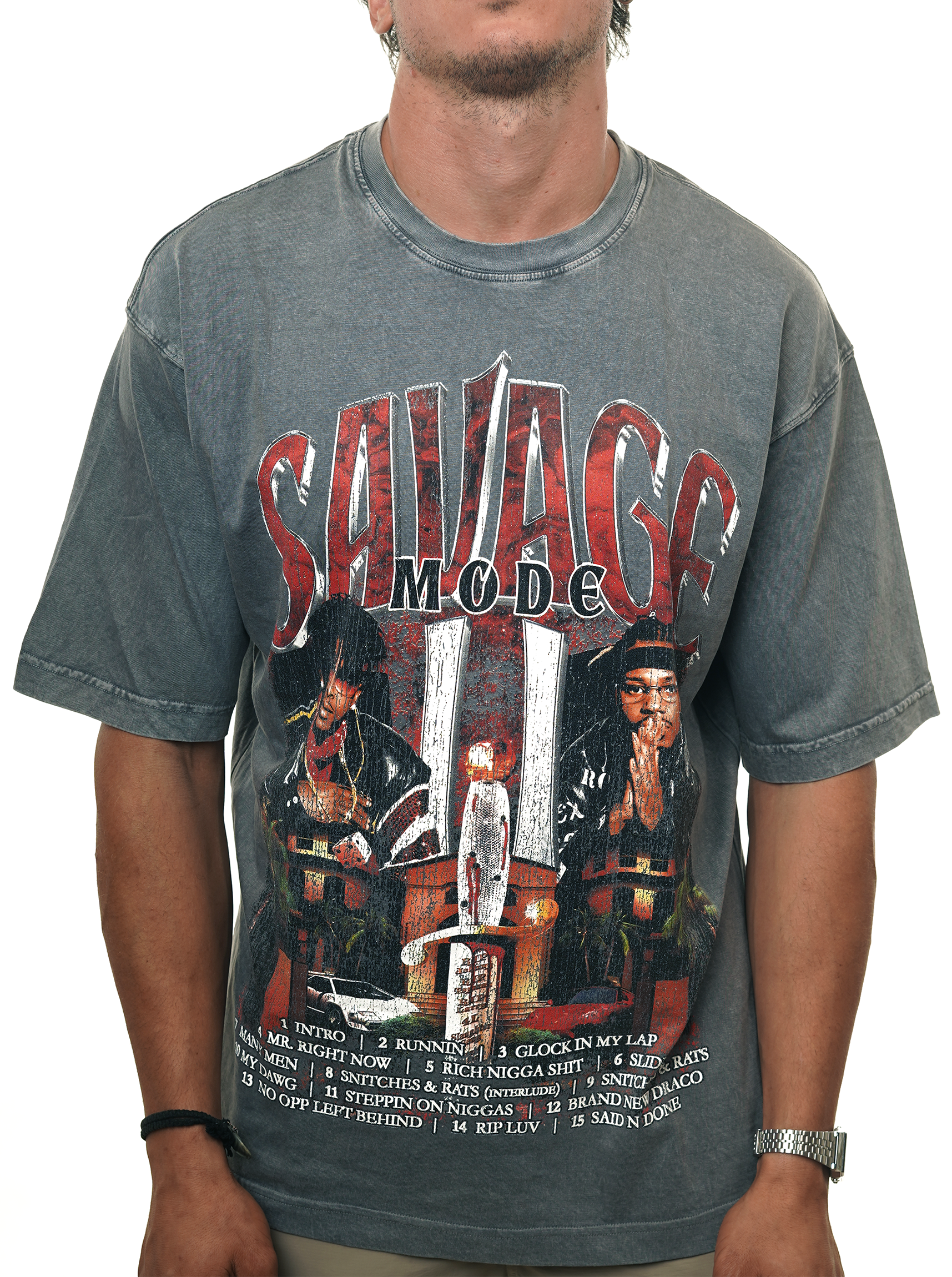 SAVAGE MODE  21 SAVAGE X METRO BOOMING GRAPHIC T-SHIRT VINTAGE GREY