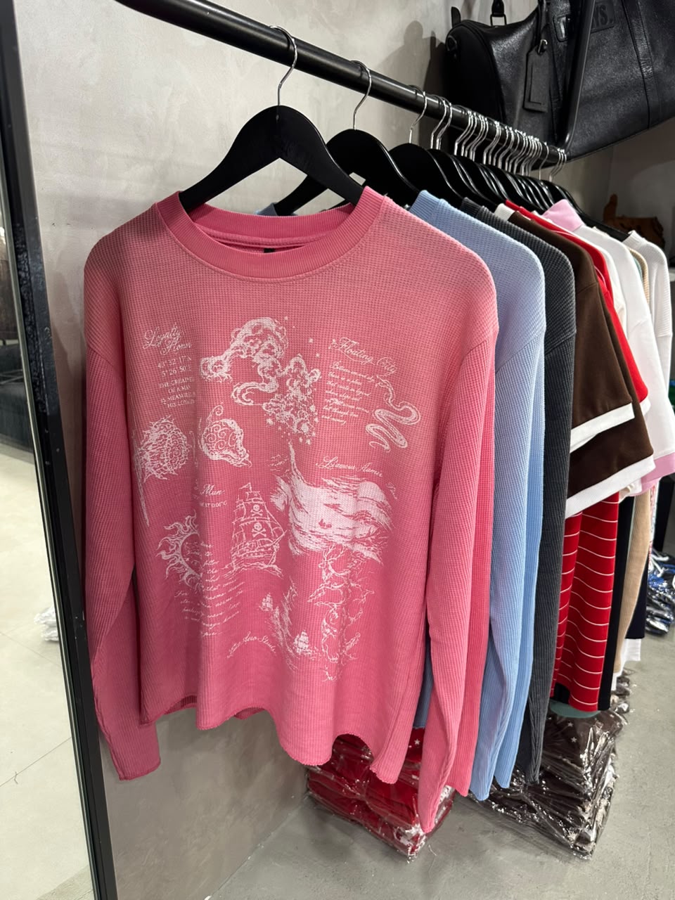PINK WASHED FULL SELEVE WAFFLE TEE