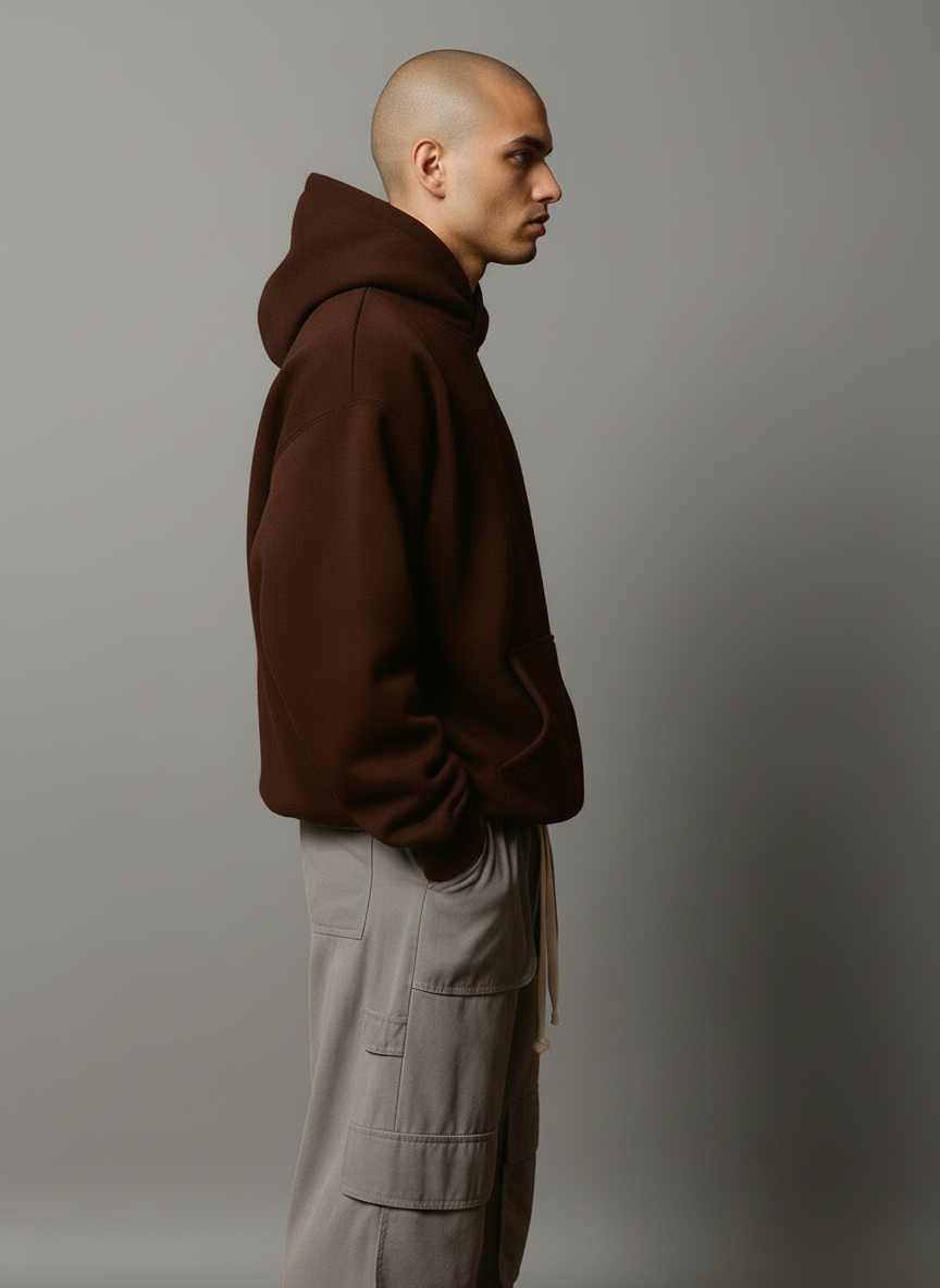 Man wearing a brown hoodie and gray pants against a brown background