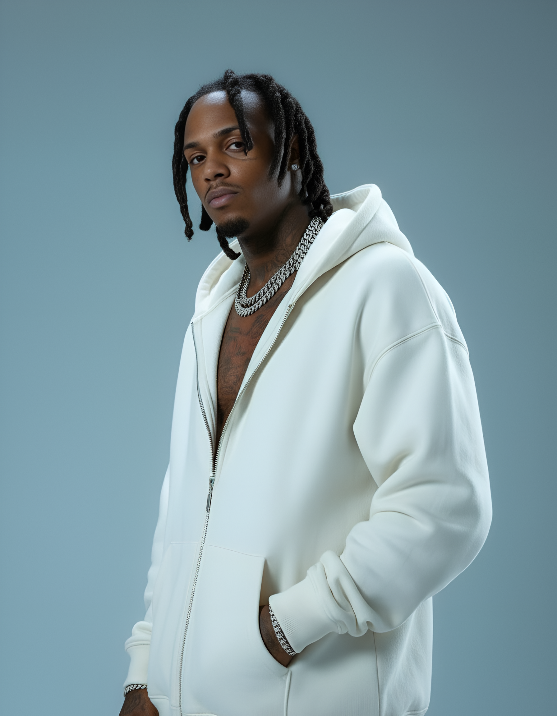 Person wearing a white hoodie against a gray background