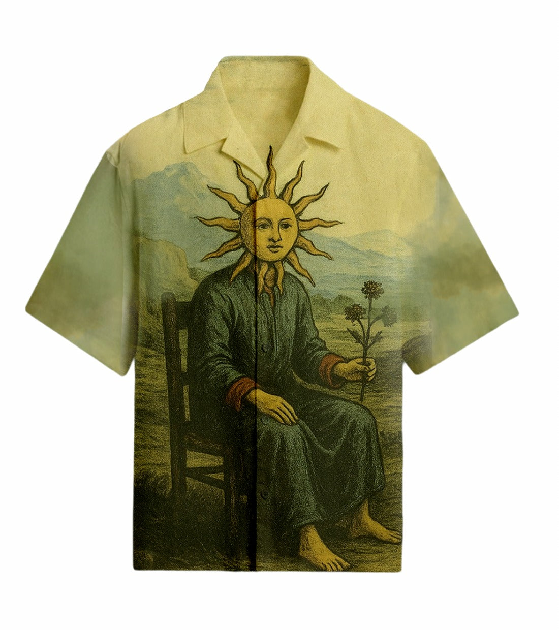 Shirt with a printed design of a person with sun-like features holding a flower, set against a scenic background.