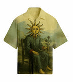 Shirt with a printed design of a person with sun-like features holding a flower, set against a scenic background.